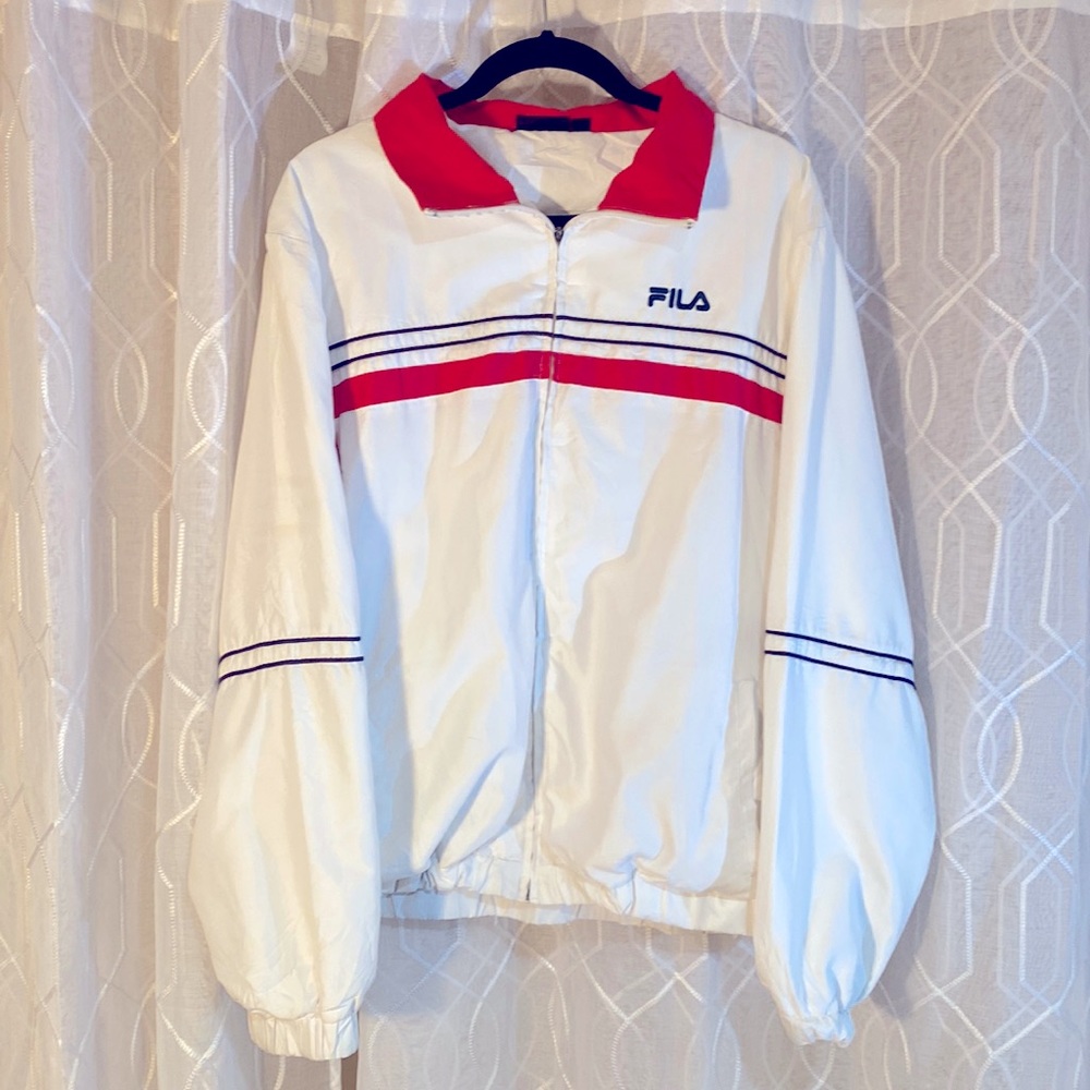 Vintage Fila warmup jacket, White with red accents, size L, no stains or tears.
